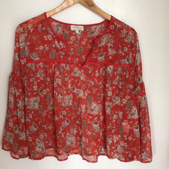 Lucky Sheer Rusty Red Orange Floral Peasant Blouse Small - Picture 2 of 8